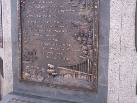 1972 Ford Ranchero - This relief depicts the Statue of Liberty, a sailing ship, and a bridge with a city skyline, illustrating themes from the poem America the…