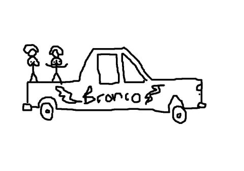 1986 Ford Bronco - A stick-figure drawing depicts a truck with two people standing in the bed.
