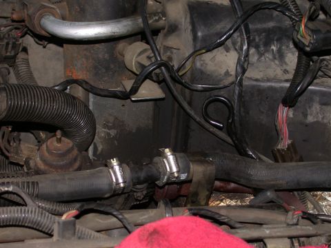 1987 Lincoln Town Car - Close-up view of engine bay components, including hoses, wiring, and clamps.