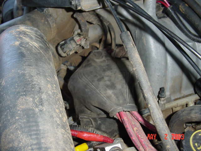 Dirty engine bay close-up with a large rubber boot, hoses and battery cables
