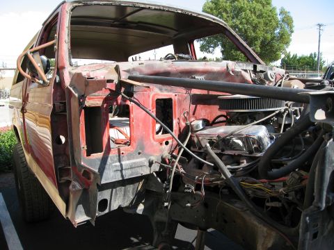 1986 Ford Bronco - The front end of a 1986 Ford Bronco shows its chassis and engine, stripped down for restoration.