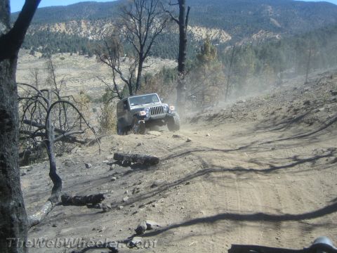 1987 Suzuki Samurai - A Jeep Wrangler navigates a dusty trail through a landscape with evidence of a past fire.