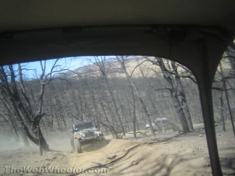 1987 Suzuki Samurai - A Jeep navigates a dusty trail in a forest with many charred trees.