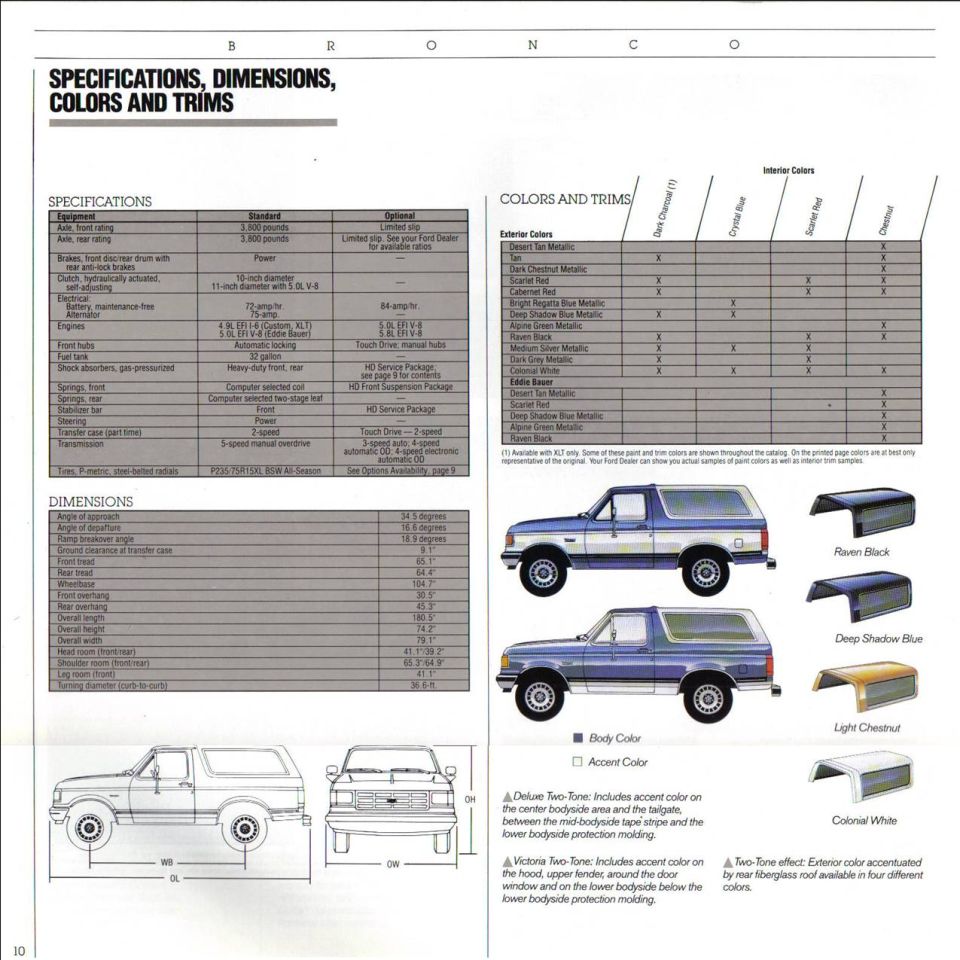 Ford Bronco brochure page of specifications dimensions colors and trims