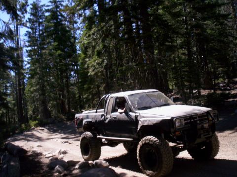 1989 Ford Bronco - A lifted pickup truck navigates a rocky trail surrounded by tall trees.