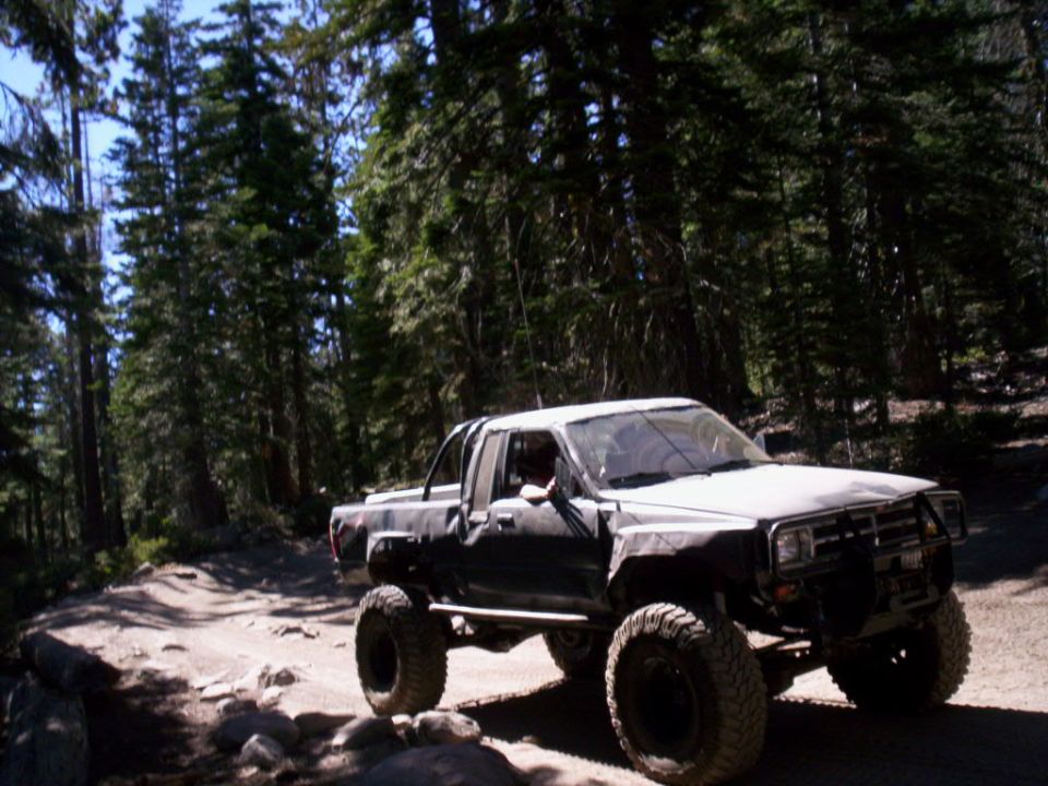 Modified pickup truck with large tires on a dirt road in a forest