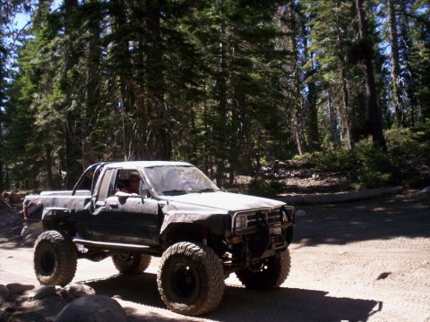 1989 Ford Bronco - Modified pickup truck with large tires driving on a dirt road in a forest.