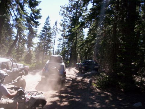 1989 Ford Bronco - Multiple off-road vehicles navigate a dusty forest trail under bright sunlight.