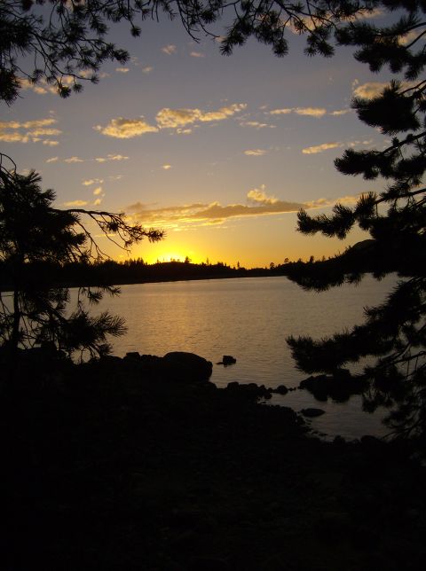 1986 Ford Bronco - Sunset over a lake, with silhouetted trees and clouds in the sky. The image includes a watermark for SUPERMOTORS.net.