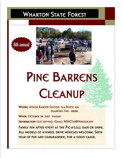 1987 Suzuki Samurai - This flyer advertises the 6th annual Pine Barrens Cleanup event held in Wharton State Forest.