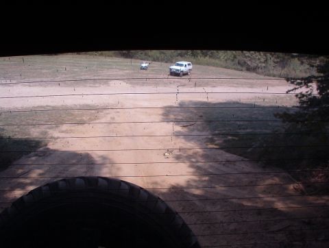 1983 Ford Bronco - I had to hold the camera WAAAAAY down to get a shot out the back window. This hill is STEEP.