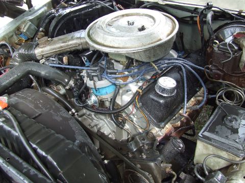 1979 Ford Bronco - Close-up view of a V8 engine bay, showing various components and wiring.