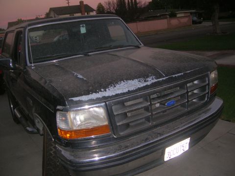 1985 Ford Bronco - This black SUV features a prominent chrome grille with a blue Ford emblem. The license plate is visible and reads 3CCU757.