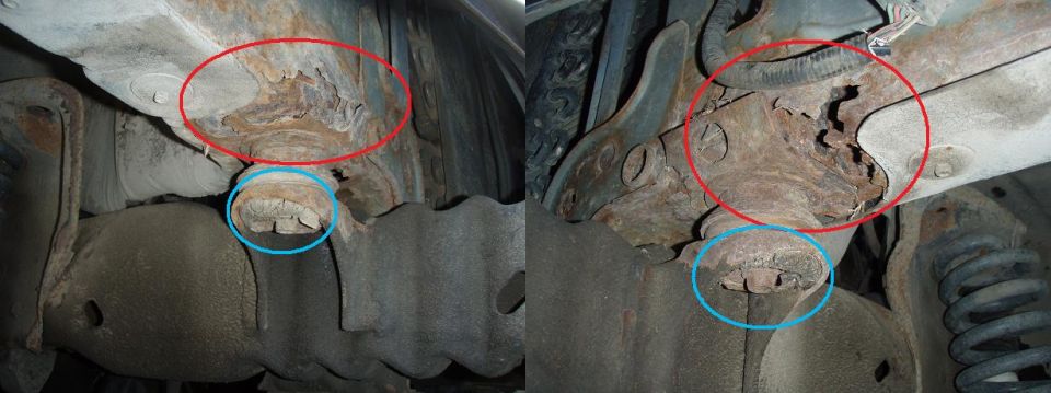Underbody photos with red and blue circles marking severe rust holes and a damaged body mount on a Bronco frame.