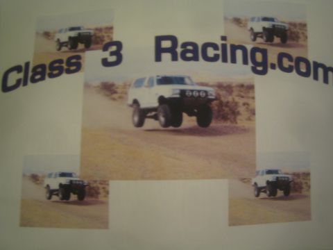 1990 Ford Bronco - printed poster collage of a white lifted SUV jumping over desert dirt with the text Class 3 Racing.com.