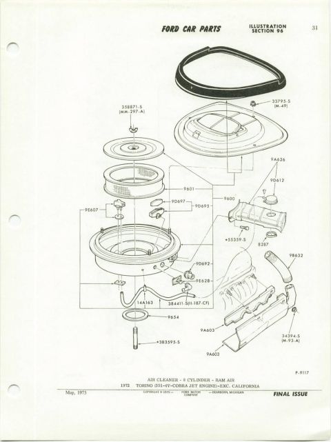 1972 Ford Ranchero - Exploded parts breakdown of a 1972 Ford Torino 8-cylinder Ram Air air cleaner assembly with labeled component part numbers.