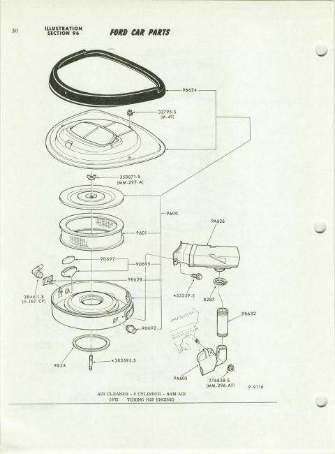 1972 Ford Ranchero - Exploded parts breakdown of a 1972 Ford Torino 429-engine Ram Air air cleaner assembly with labeled component part numbers.