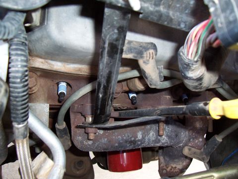 2003 Ford Ranger - Close-up view of spark plugs and exhaust manifold components within an engine bay.