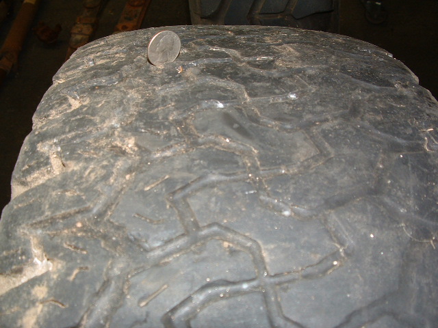 Close-up of a worn tire tread with a quarter placed on top