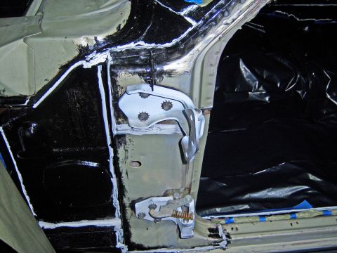 1967 Ford Ranchero - hinges rebuilt, and seams sealed, ready for primer