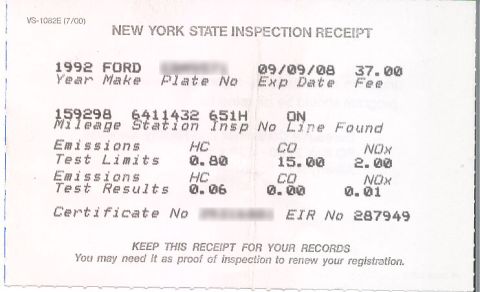 1992 Ford Taurus - This document is a New York State Inspection Receipt for a 1992 Ford, detailing emissions test results.