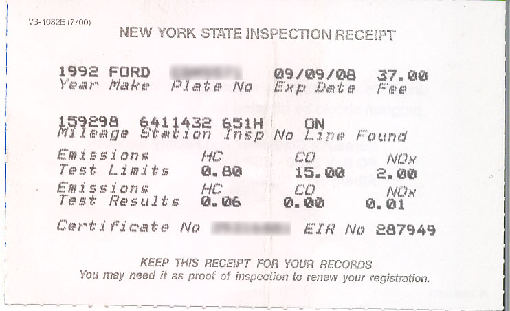 New York State Inspection Receipt for a 1992 Ford