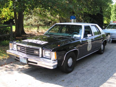 1991 Ford LTD Crown Victoria - black police sedan with a single blue roof light and a white door emblem is parked on pavement beneath trees.