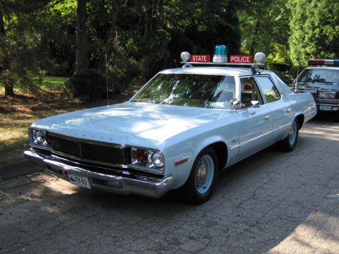 1991 Ford LTD Crown Victoria - light blue "State Police" sedan with a red-and-blue roof light cluster parked on a driveway under shade trees.