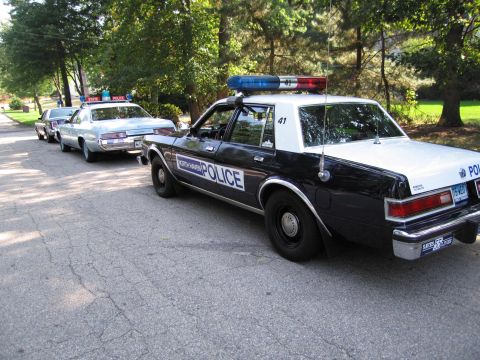 1991 Ford LTD Crown Victoria - black-and-white police cruiser marked POLICE with unit number 41 and a roof lightbar sits on a tree-lined street ahead of two other vintage…