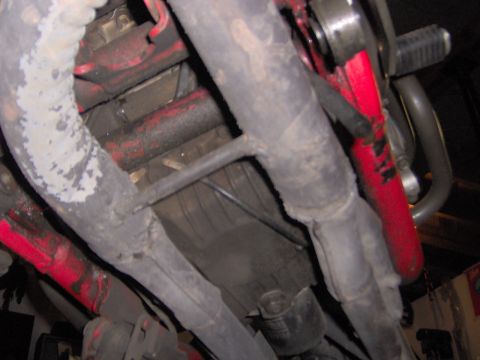 1993 Yamaha Seca II - Underside view of a motorcycle's exhaust system and frame components.