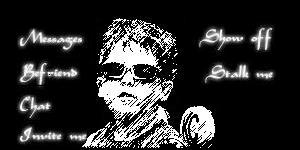 1997 Mercury Grand Marquis - A stylized sketch depicts a person with sunglasses, surrounded by text options for social interaction.