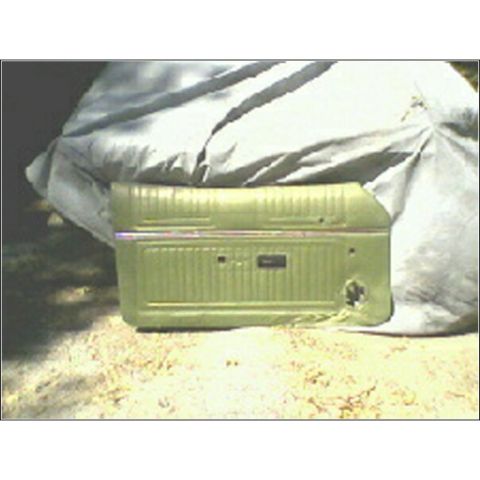 1973 Ford Ranchero - A green car door panel is visible under a tarp, with a black emblem on its surface.