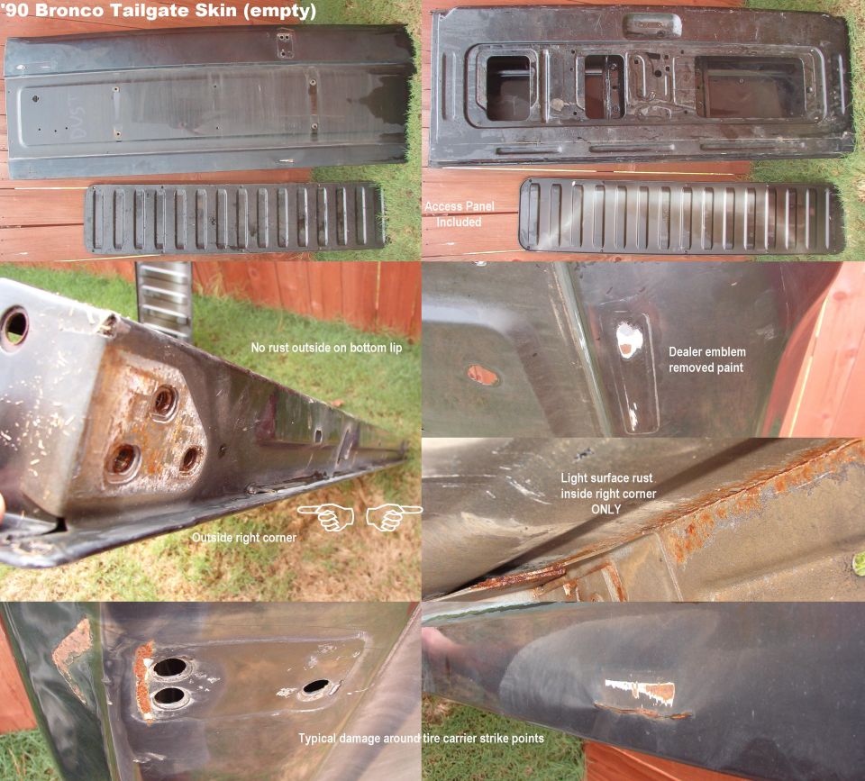 1990 Bronco tailgate skin and access panel parts collage showing rust and damage areas