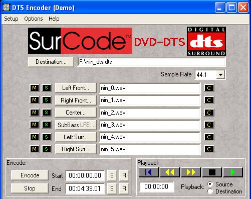 Computer screen showing DTS Encoder software with audio file names and playback controls