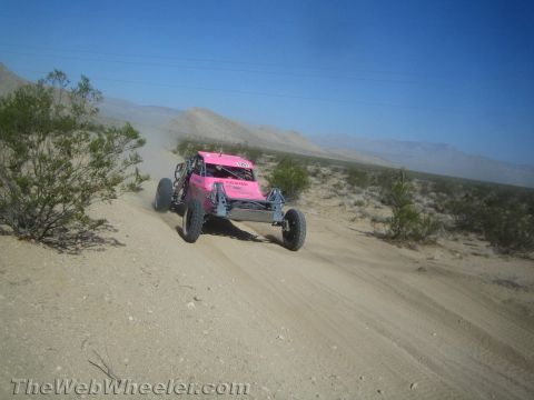 1990 Ford Bronco - pink tube-frame off-road race buggy speeds across a sandy desert trail trailing dust.