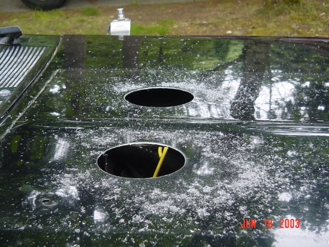 Black hood with two round cutouts, a yellow wire threaded through one