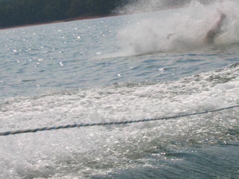 1985 Ford LTD Crown Victoria - A person is water skiing on a sunny day, leaving a trail of white spray on the blue water.