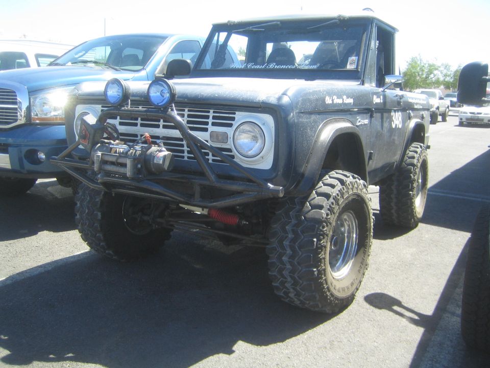 Lifted dark blue early Ford Bronco off-road truck with winch and driving lights