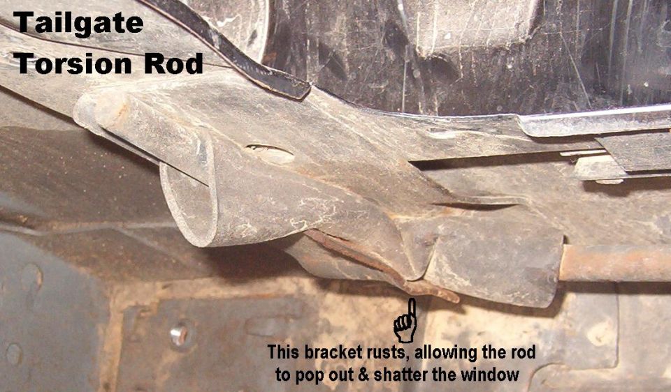 The infamous torsion bar bracket.  It cups up, so if it's allowed to collect dirt & rain, it rusts out.  Then, when the t/g is lowered, the torque on the rod breaks the bracket, and the bottom corner of the bar (with the foam tube) swings down & shatters the window.