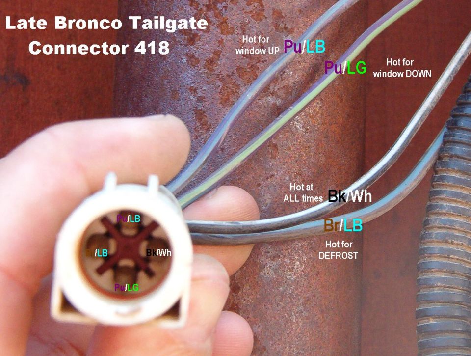Close-up of a Bronco tailgate connector 418 with wire color labels