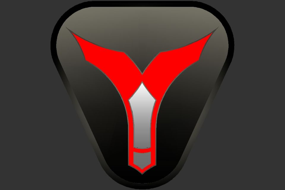 Red and silver abstract logo on black background