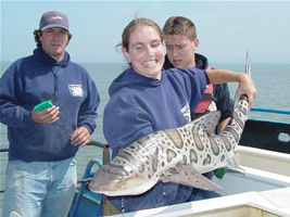 1991 Ford Bronco - A leopard shark is held up by a woman on a boat, with two men behind her.