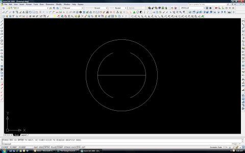 1965 Ford Mustang - AutoCAD screenshot displaying a single circle bisected by a line, with no dimensions or technical content.