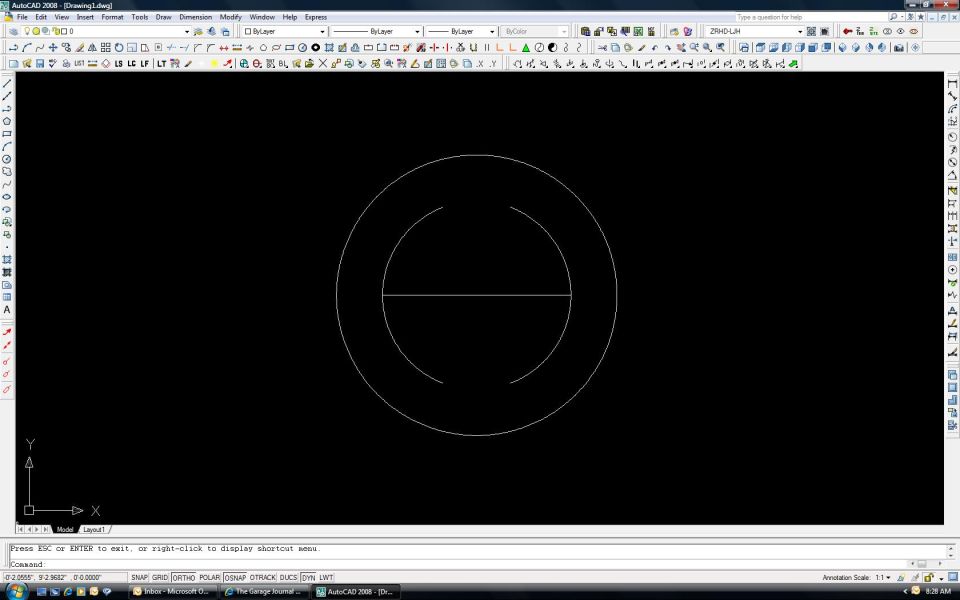 AutoCAD screenshot showing a simple circle with a horizontal line, no annotations