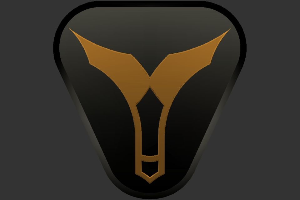 Black triangular emblem with a gold stylized bull or bull horns design
