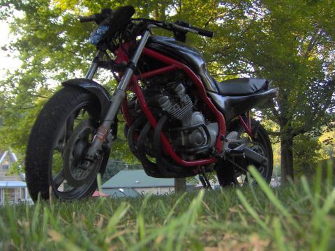 1993 Yamaha Seca II - A motorcycle with a distinctive red frame is seen from a low angle, surrounded by grass and trees.