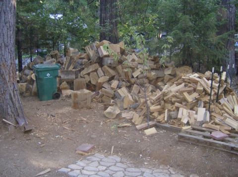 1986 Ford Bronco - A large pile of cut firewood is stacked next to a green trash can, with trees in the background.