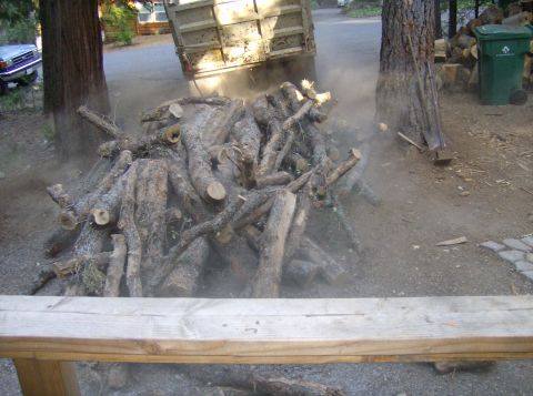 1986 Ford Bronco - A dump truck unloads logs, creating dust, next to a pile of cut wood and a car parked nearby.