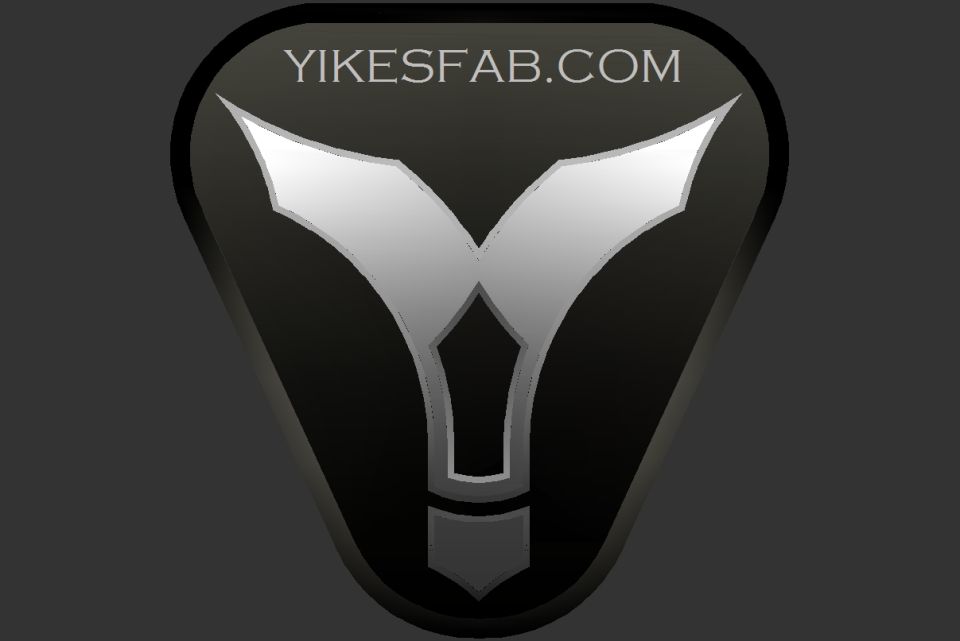 Black triangular logo with white stylized wings and text YIKESFAB.COM