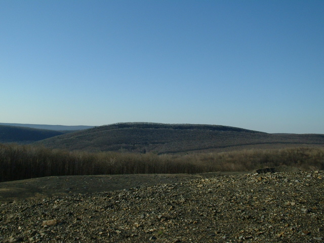 Rocky terrain under a clear blue sky with rolling, tree-covered hills in the distance